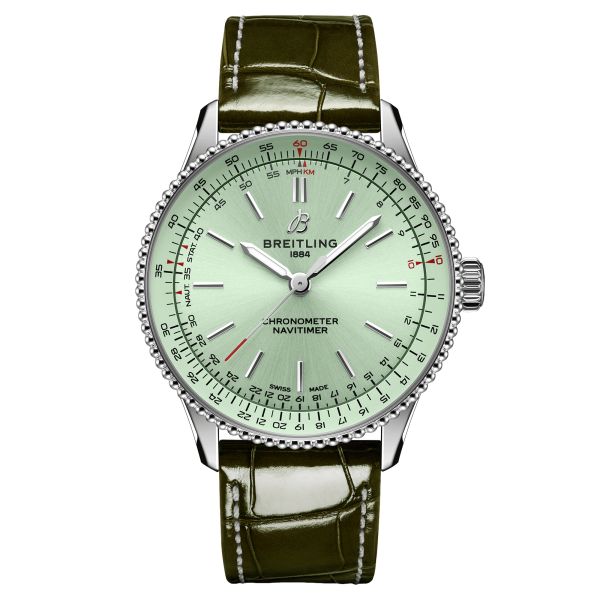 Breitling Navitimer automatic watch mint green dial green leather strap 36 mm A17327361L1P1