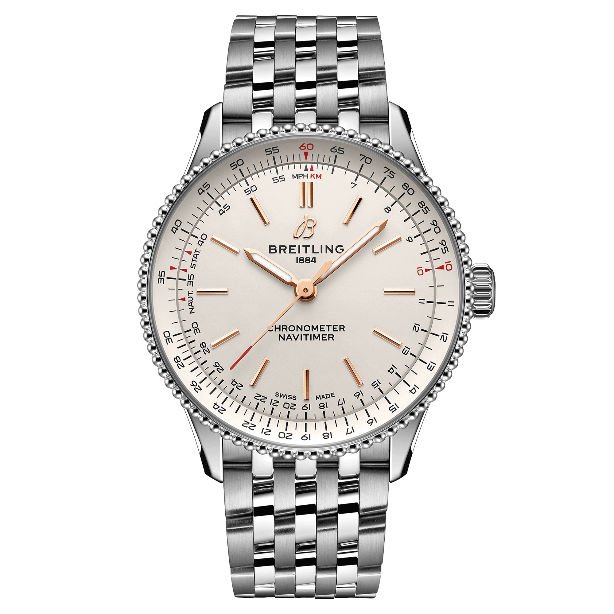 Breitling Navitimer automatic watch silver dial steel bracelet 36 mm A17327211G1A1