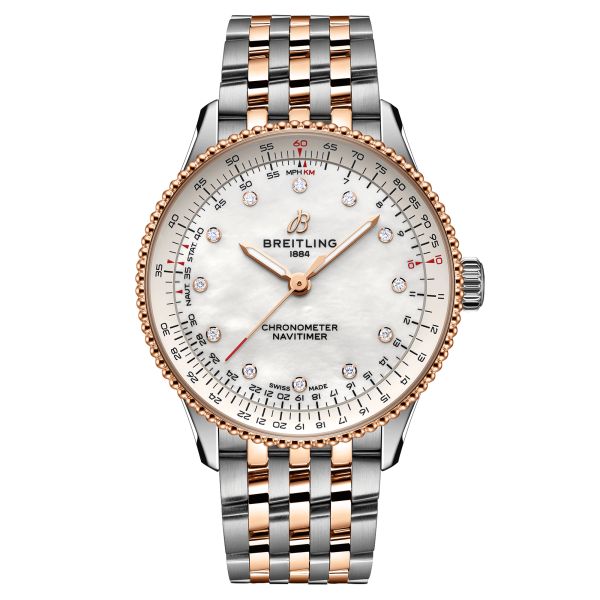 Breitling Navitimer automatic watch diamond markers white mother-of-pearl dial steel and rose gold bracelet 36 mm U17327211A1U1