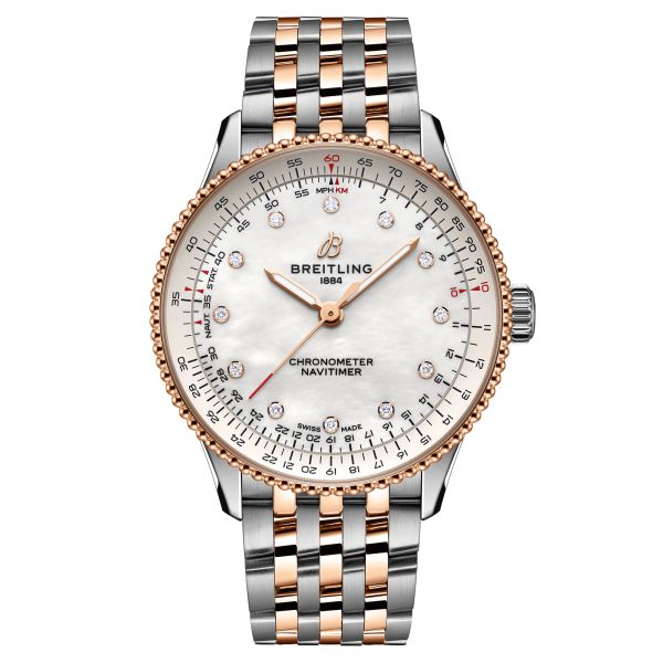 Breitling Navitimer automatic watch diamond markers white mother-of-pearl dial steel and rose gold bracelet 36 mm U17327211A1U1