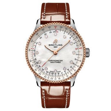 Montre Breitling Navitimer automatique index diamants cadran nacre blanche bracelet cuir marron 36 mm U17327211A1P1