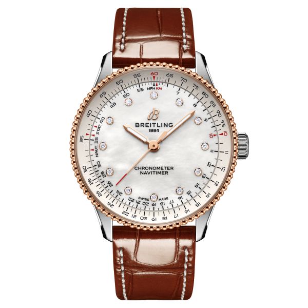 Montre Breitling Navitimer automatique index diamants cadran nacre blanche bracelet cuir marron 36 mm U17327211A1P1