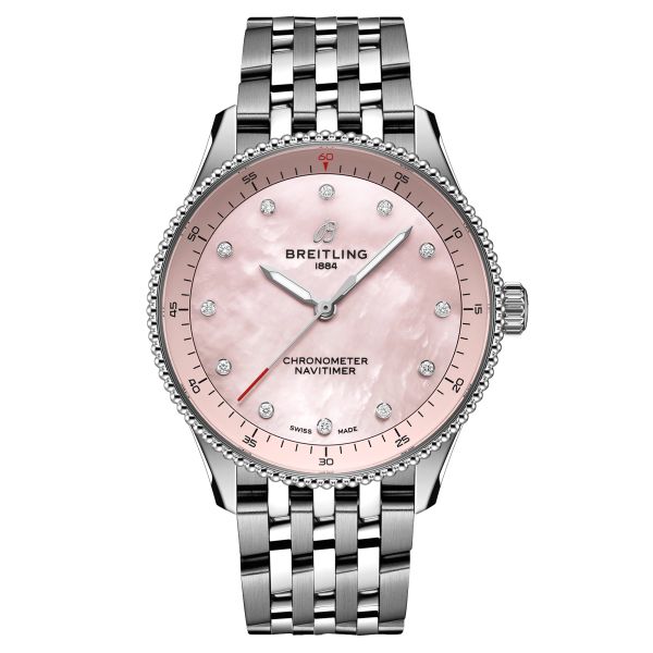 Breitling Navitimer quartz watch diamond index pink mother-of-pearl dial steel bracelet 32 mm A77320D91K1A1