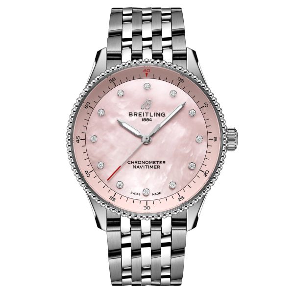 Montre Breitling Navitimer quartz index diamants cadran nacre rose bracelet acier 32 mm A77320D91K1A1