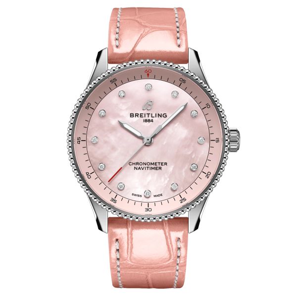 Montre Breitling Navitimer quartz index diamants cadran nacre rose bracelet cuir rose 32 mm A77320D91K1P1