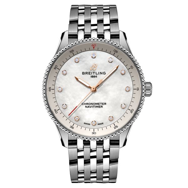 Breitling Navitimer quartz watch diamond index white mother-of-pearl dial steel bracelet 32 mm A77320E61A2A1