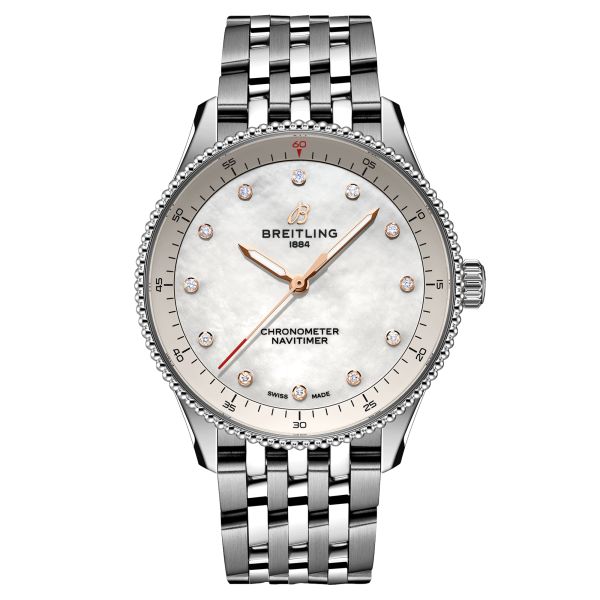 Montre Breitling Navitimer quartz index diamants cadran nacre blanche bracelet acier 32 mm A77320E61A2A1