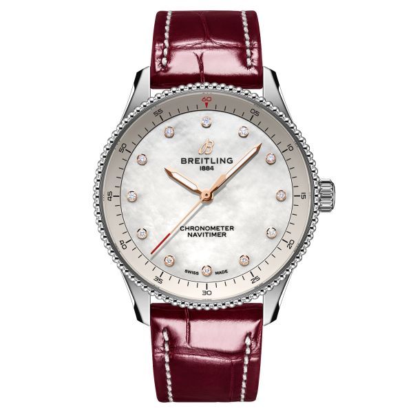 Breitling Navitimer quartz watch diamond index white mother-of-pearl dial burgundy leather strap 32 mm A77320E61A2P2