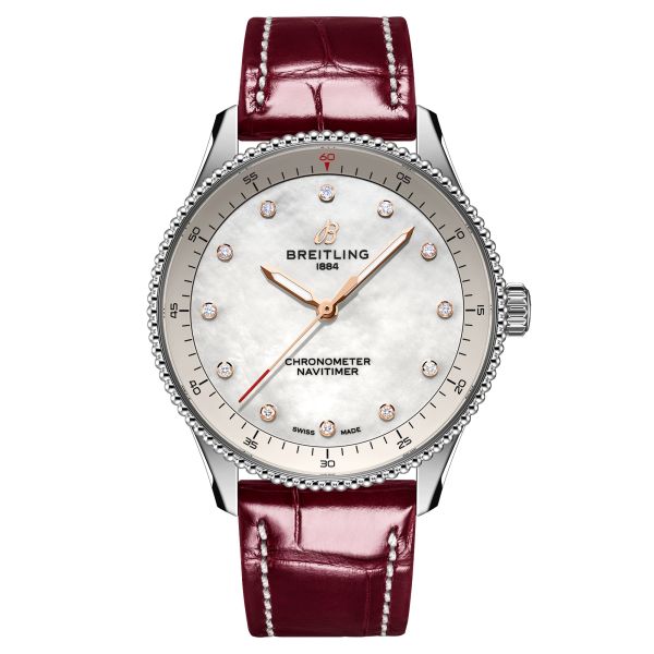 Montre Breitling Navitimer quartz index diamants cadran nacre blanche bracelet cuir bordeaux 32 mm A77320E61A2P2