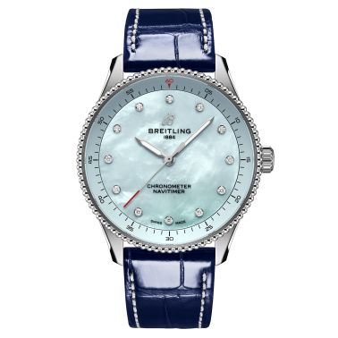 Montre Breitling Navitimer quartz index diamants cadran nacre bleue bracelet cuir bleu 32 mm A77320171C1P1