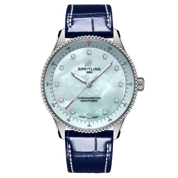 Breitling Navitimer quartz watch diamond index blue mother-of-pearl dial blue leather strap 32 mm A77320171C1P1