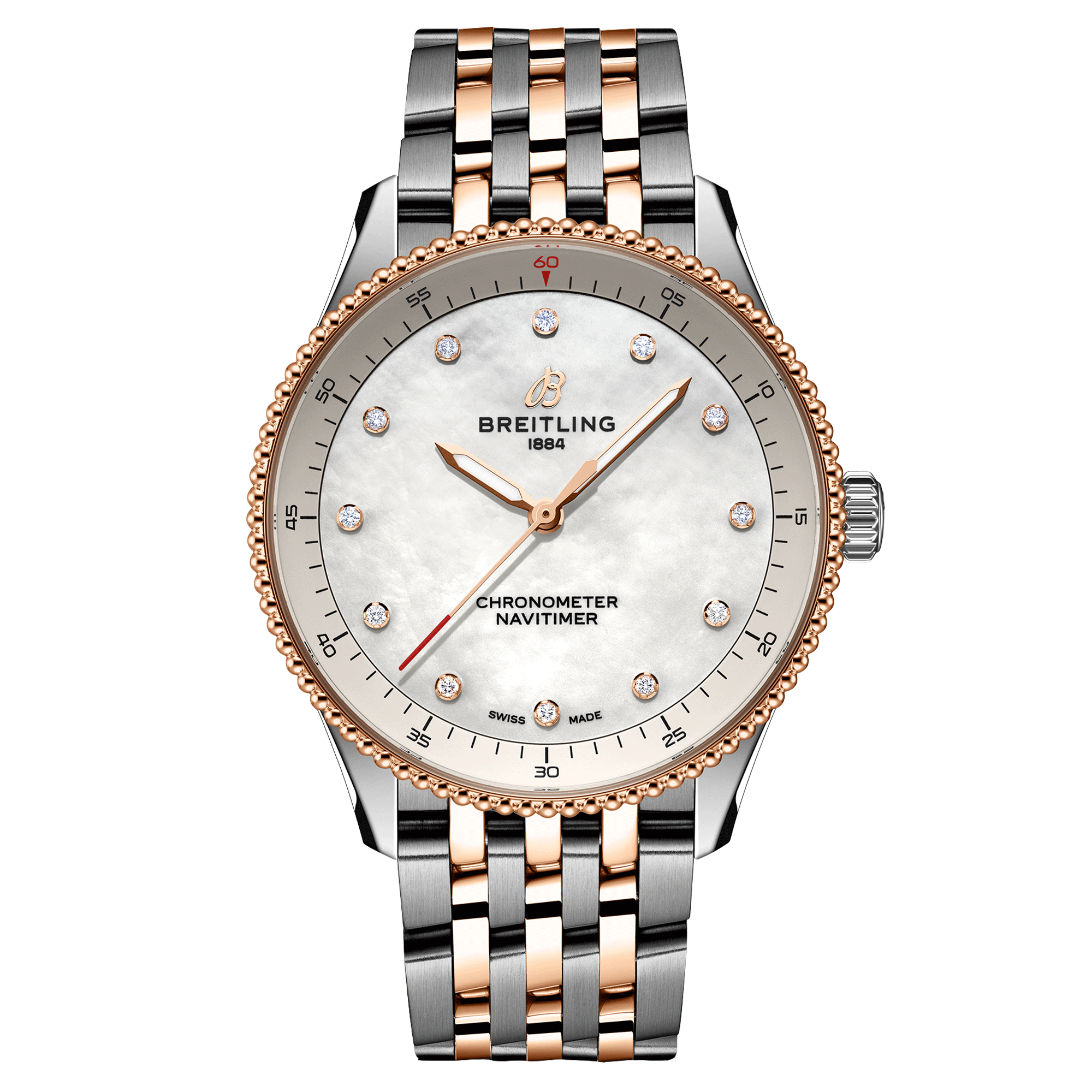 Breitling Navitimer quartz watch diamond index white mother-of-pearl dial steel and rose gold bracelet 32 mm U77320E61A1U1