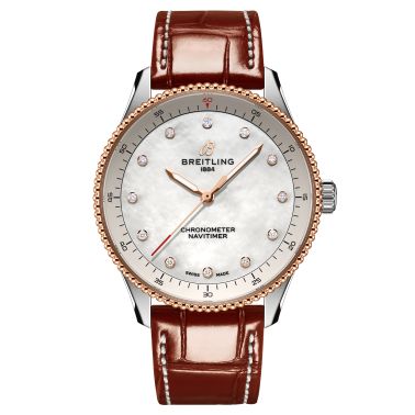 Montre Breitling Navitimer quartz index diamants cadran nacre blanche bracelet cuir marron 32 mm U77320E61A1P1