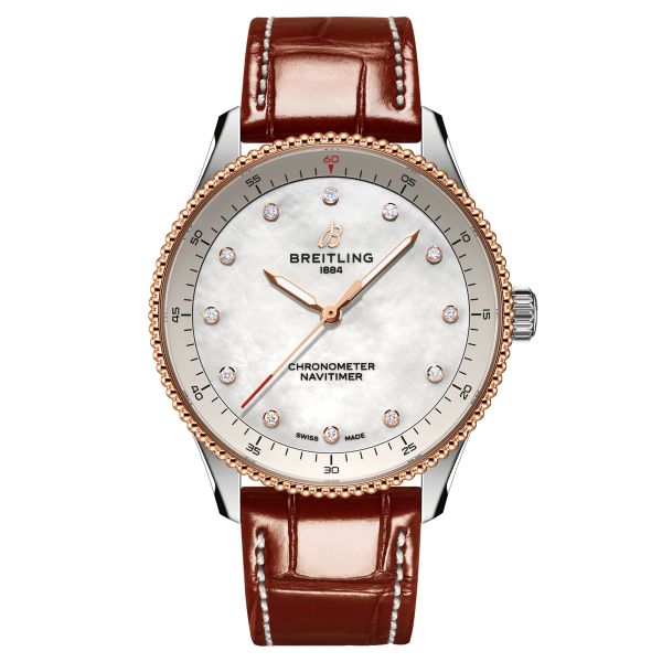 Breitling Navitimer quartz watch diamond index white mother-of-pearl dial brown leather strap 32 mm U77320E61A1P1
