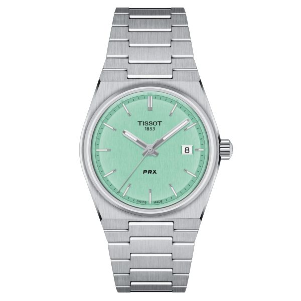 Tissot PRX quartz watch light green dial steel bracelet 35 mm T137.210.11.091.00