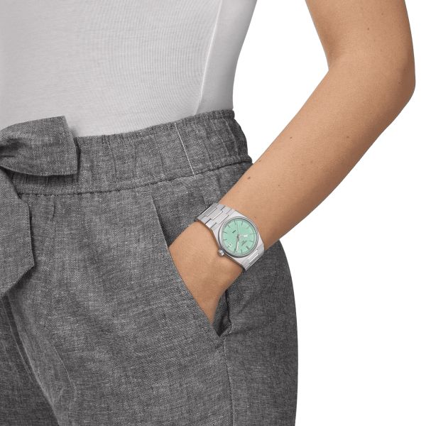 Tissot PRX quartz watch light green dial steel bracelet 35 mm T137.210.11.091.00