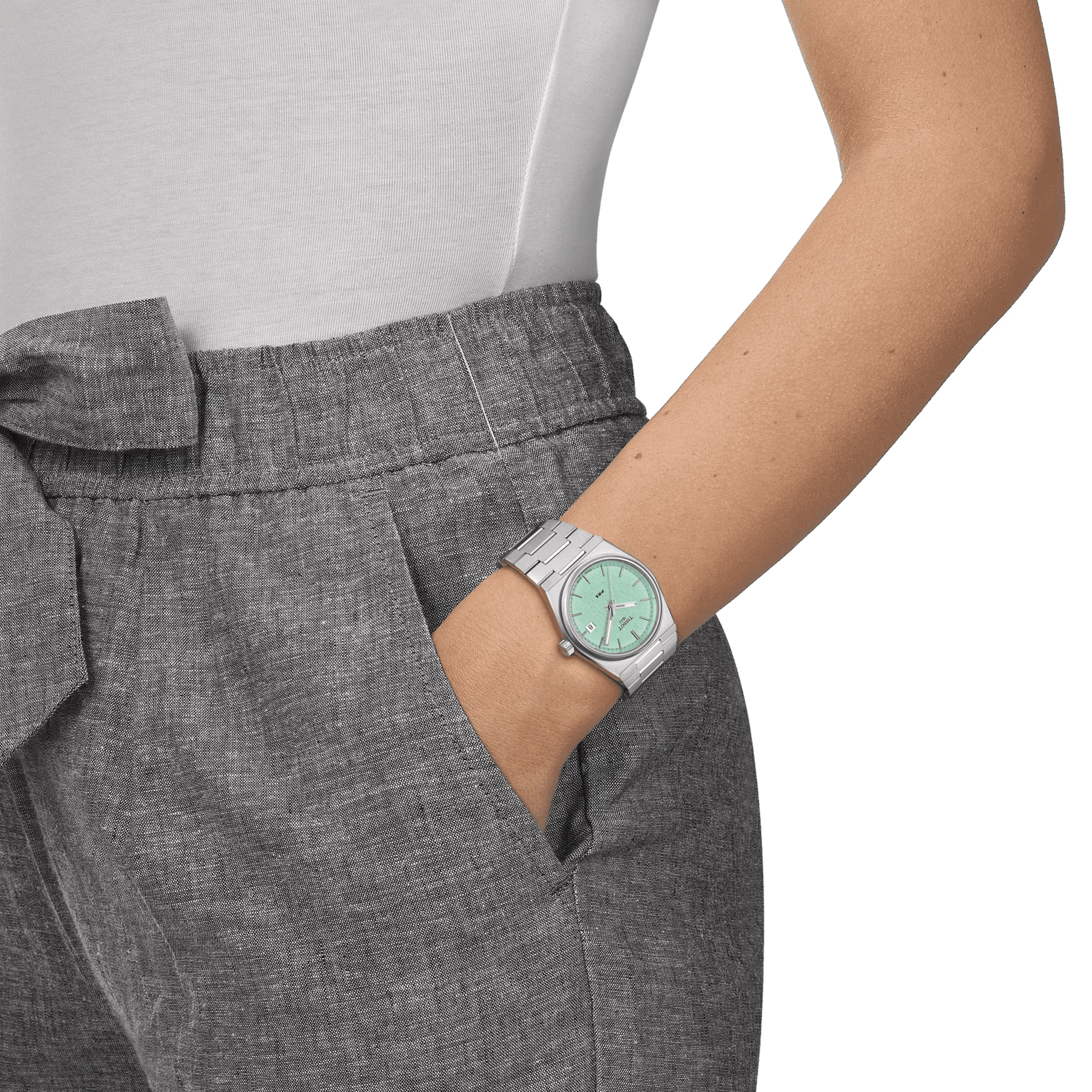 Tissot PRX quartz watch light green dial steel bracelet 35 mm T137.210.11.091.00