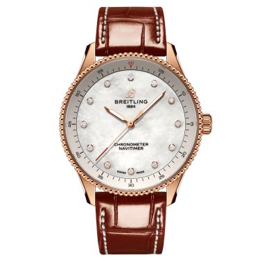 Montre Breitling Navitimer Better Gold automatique index diamants cadran nacre blanche bracelet cuir marron 32 mm R77320E61A1P1
