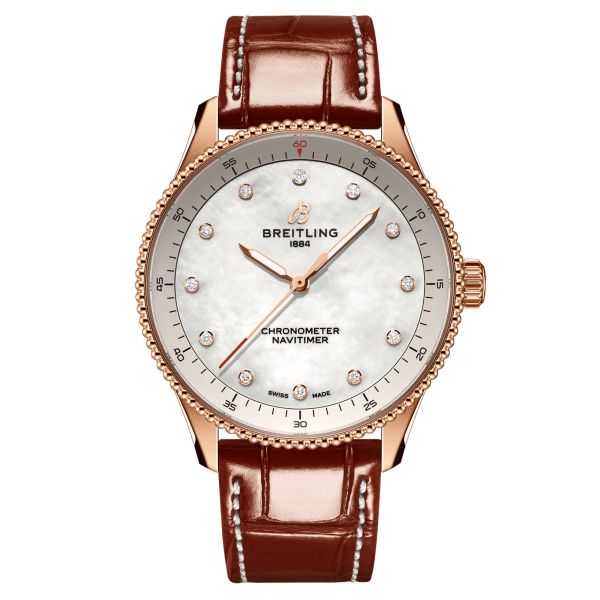 Breitling Navitimer Better Gold quartz watch diamond index white mother-of-pearl dial brown leather strap 32 mm