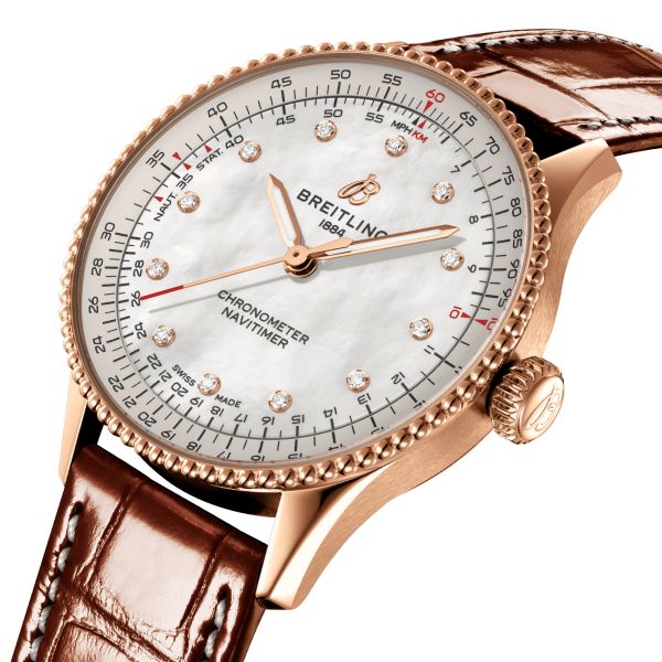 Breitling Navitimer Better Gold automatic diamond index white mother-of-pearl dial brown leather strap 36 mm