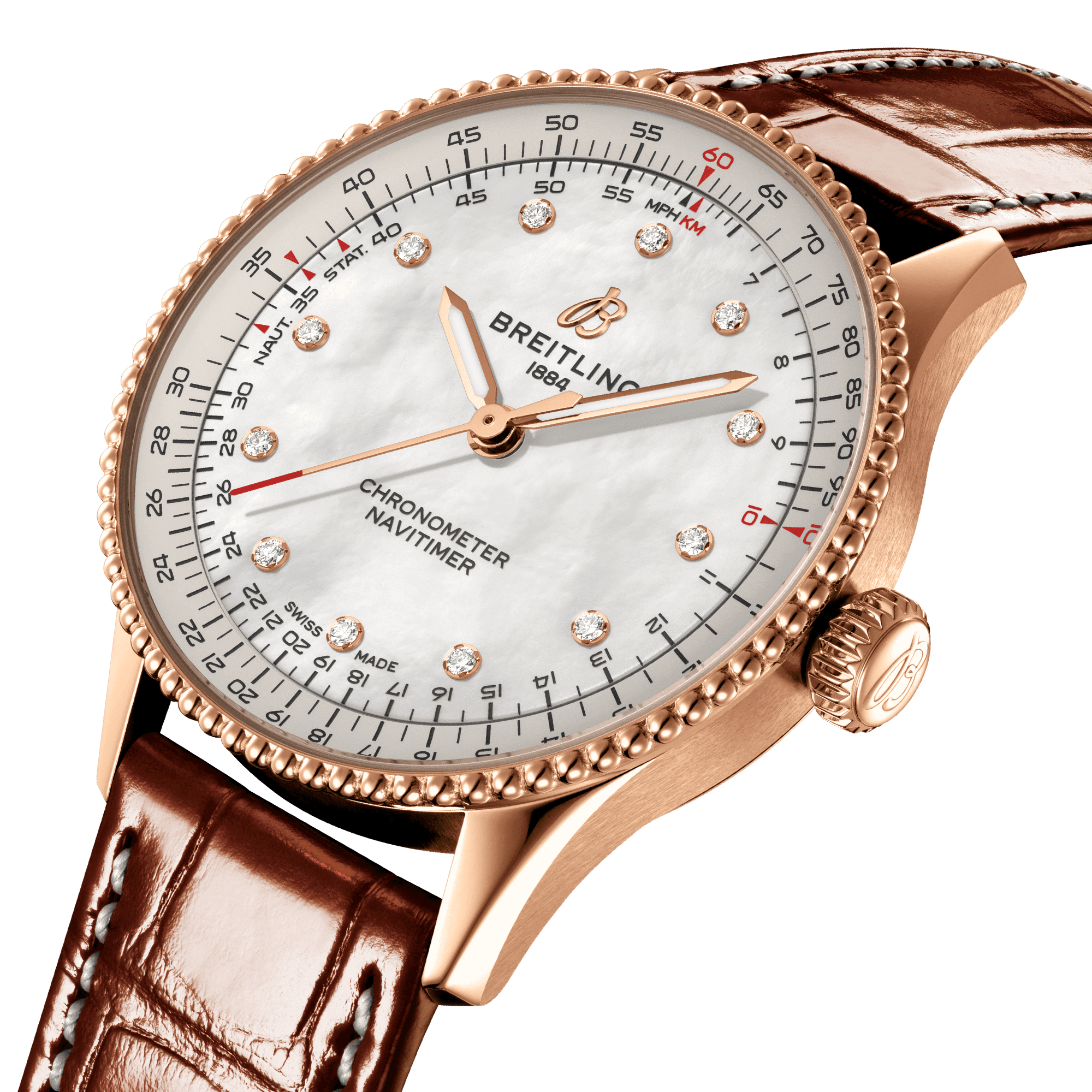 Breitling Navitimer Better Gold automatic diamond index white mother-of-pearl dial brown leather strap 36 mm