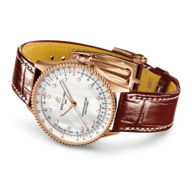 Breitling Navitimer Better Gold automatic diamond index white mother-of-pearl dial brown leather strap 36 mm