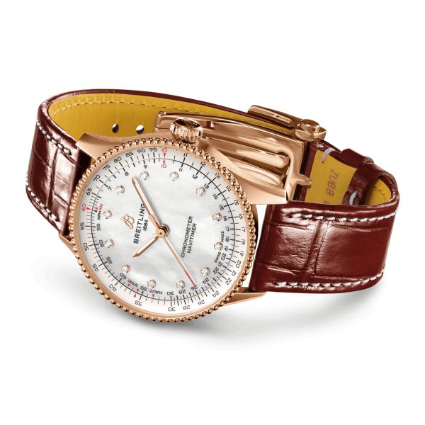 Breitling Navitimer Better Gold automatic diamond index white mother-of-pearl dial brown leather strap 36 mm