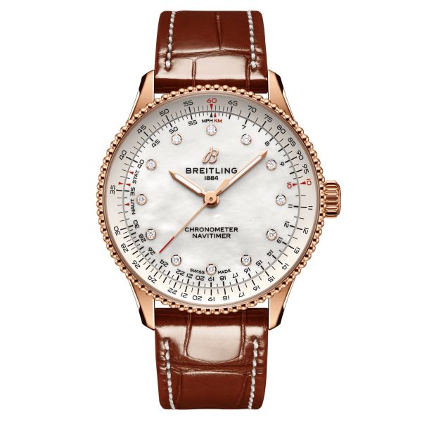 Breitling Navitimer Better Gold automatic diamond index white mother-of-pearl dial brown leather strap 36 mm