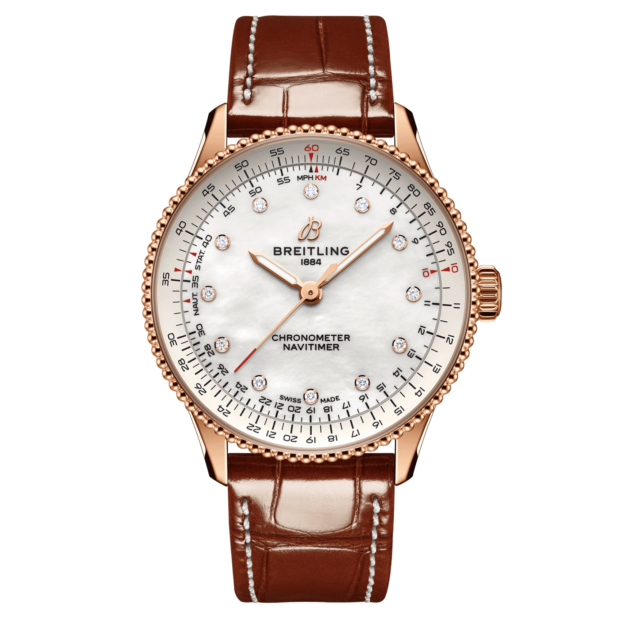 Breitling Navitimer Better Gold automatic diamond index white mother-of-pearl dial brown leather strap 36 mm