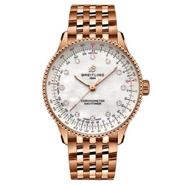 Montre Breitling Navitimer Better Gold automatique index diamants cadran nacre blanche bracelet or rose 36 mm R17327211A1R1