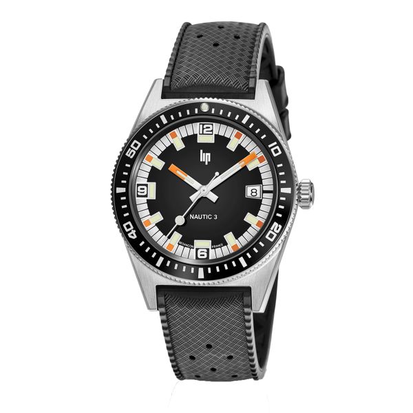 Montre Lip Nautic 3 automatique cadran noir bracelet caoutchouc "tropic" 39 mm