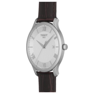 Montre Tissot T-Classic Tradition quartz cadran argent bracelet cuir brun 42 mm T063.610.16.038.00