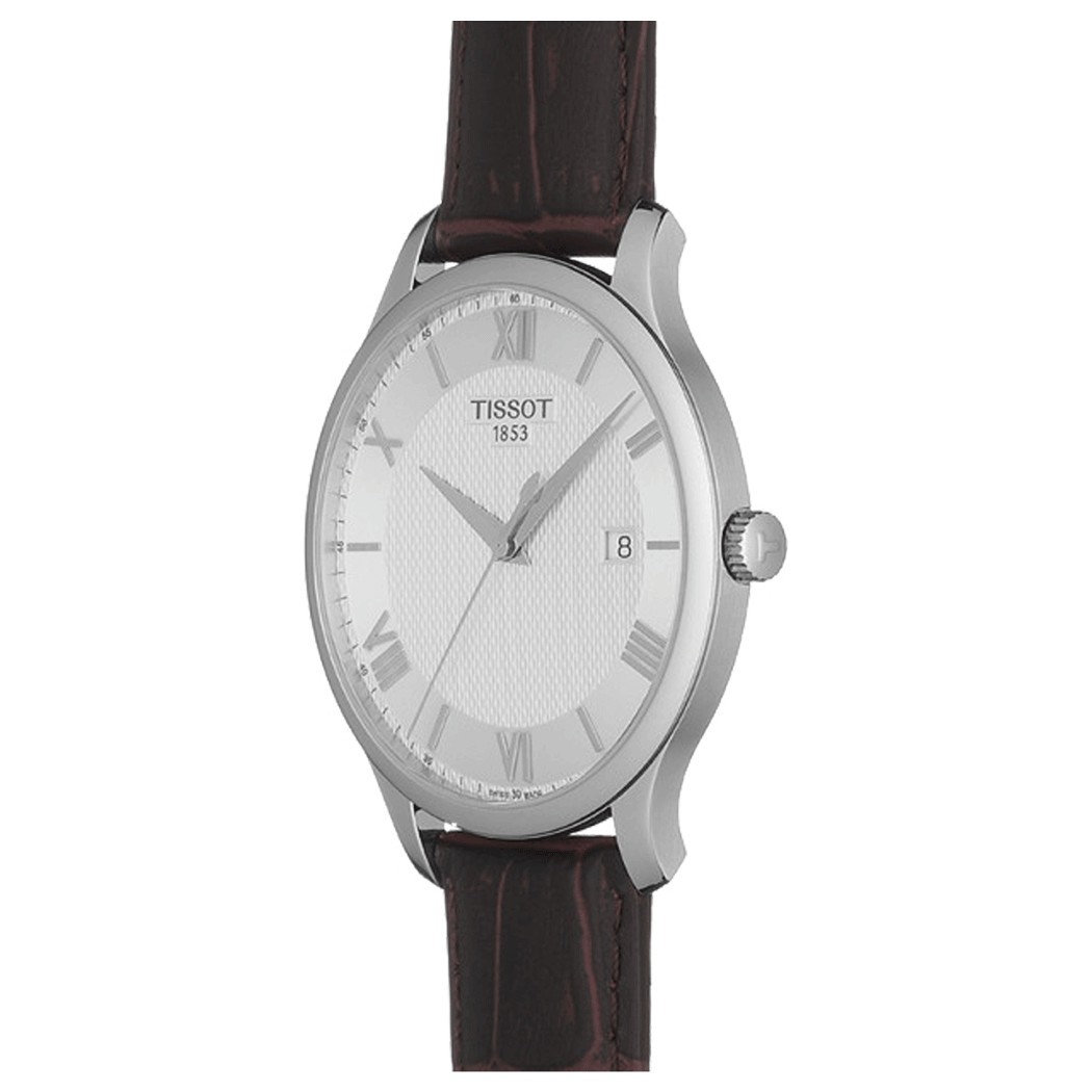 Montre Tissot T-Classic Tradition quartz cadran argent bracelet cuir brun 42 mm T063.610.16.038.00