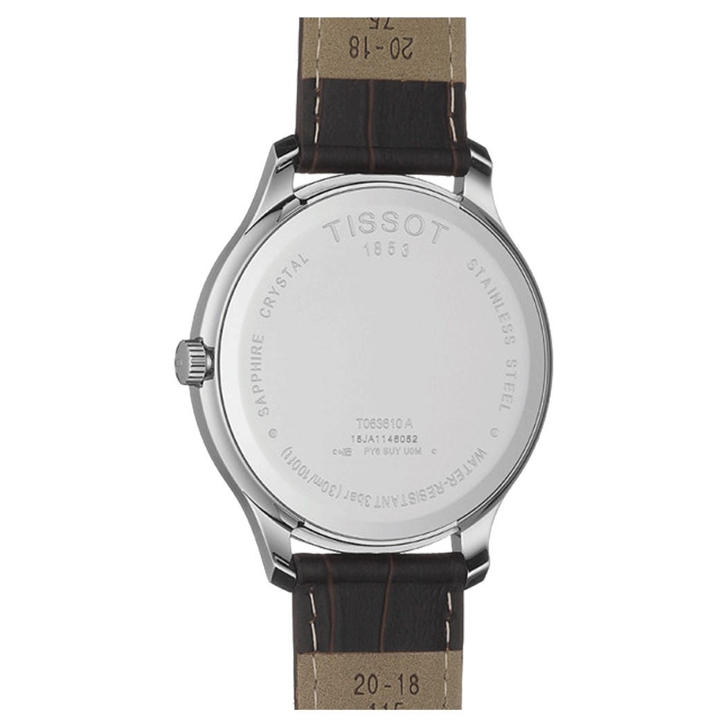 Montre Tissot T-Classic Tradition quartz cadran argent bracelet cuir brun 42 mm T063.610.16.038.00