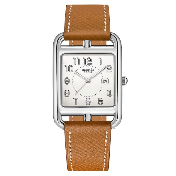 HERMÈS Cape Cod Grand Modèle quartz watch silver dial brown leather strap 37 mm