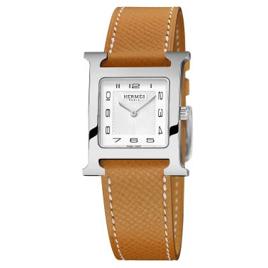 HERMÈS Heure H Medium Model quartz watch white dial brown leather strap 30 mm