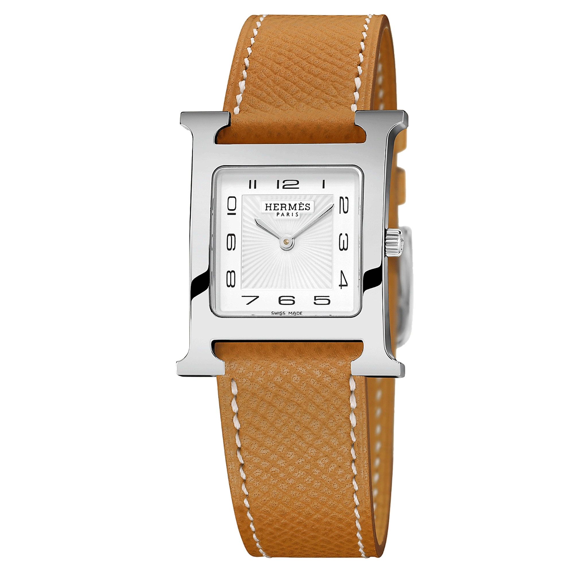 HERMÈS Heure H Medium Model quartz watch white dial brown leather strap 30 mm