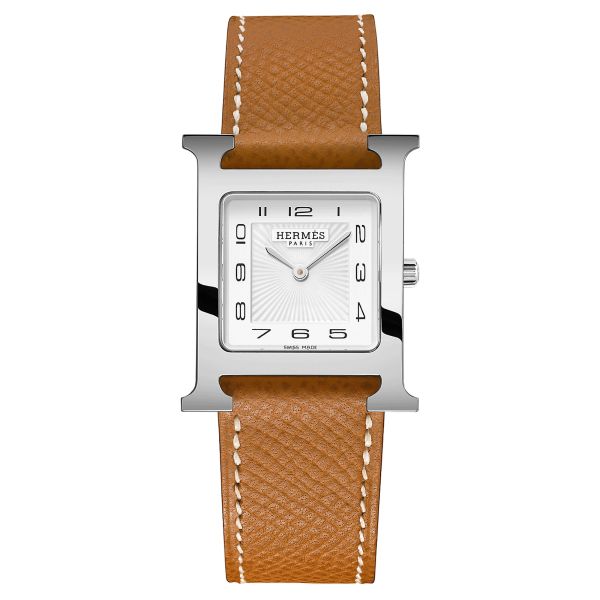 HERMÈS Heure H Medium Model quartz watch white dial brown leather strap 30 mm