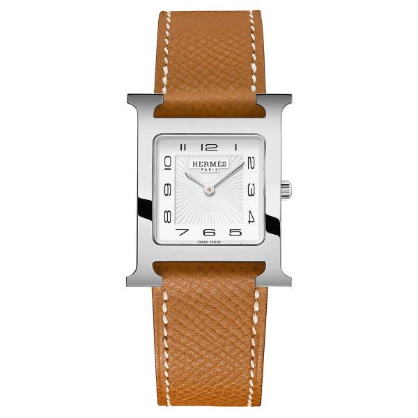 Montre HERMÈS Heure H Moyen Modèle quartz cadran blanc bracelet cuir marron 30 mm W052397WW00