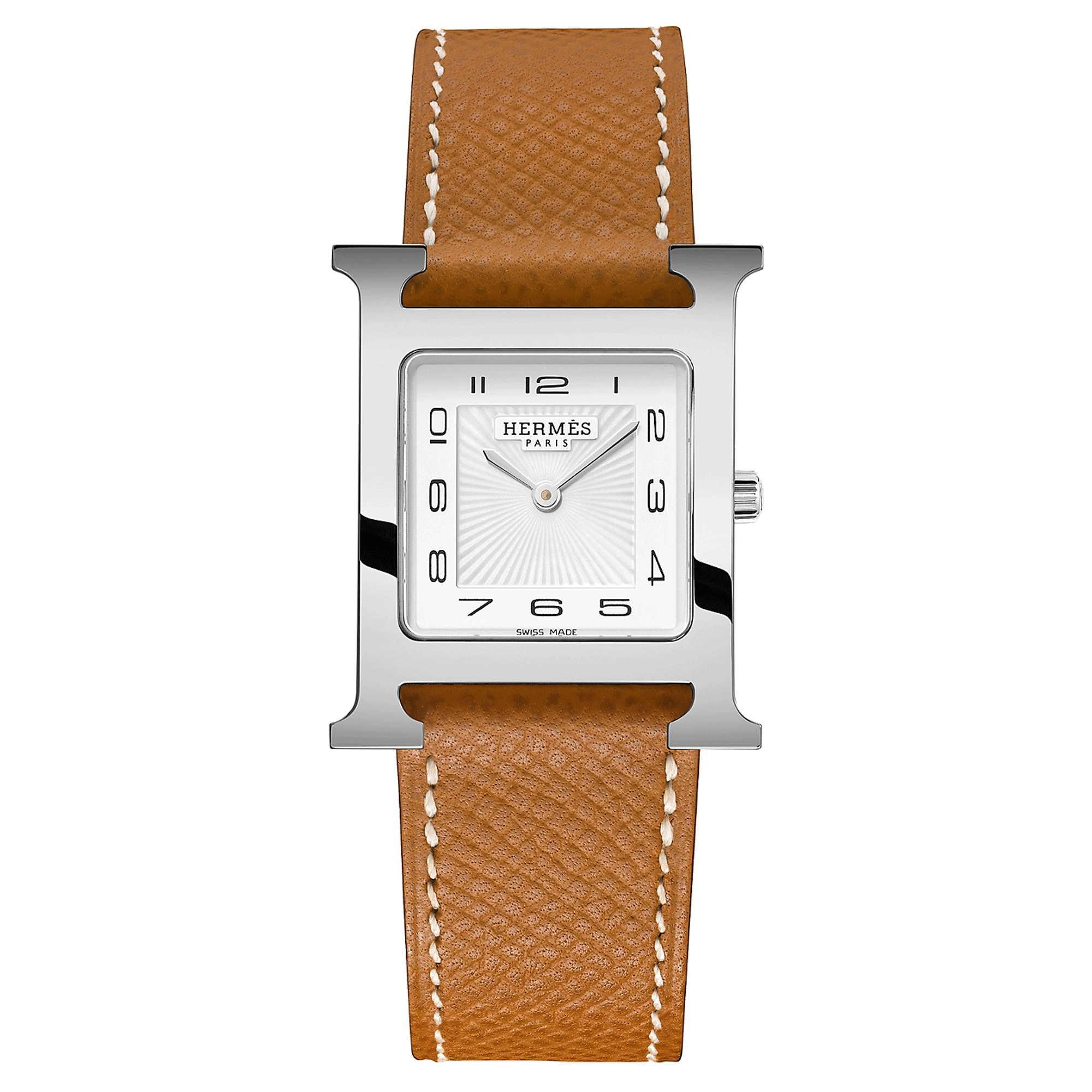 HERMÈS Heure H Medium Model quartz watch white dial brown leather strap 30 mm