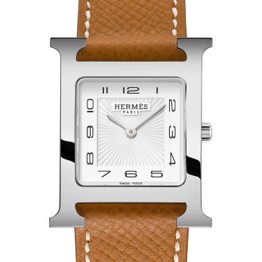 HERMÈS Heure H Medium Model quartz watch white dial brown leather strap 30 mm