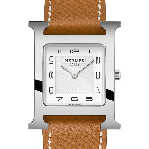 HERMÈS Heure H Medium Model quartz watch white dial brown leather strap 30 mm