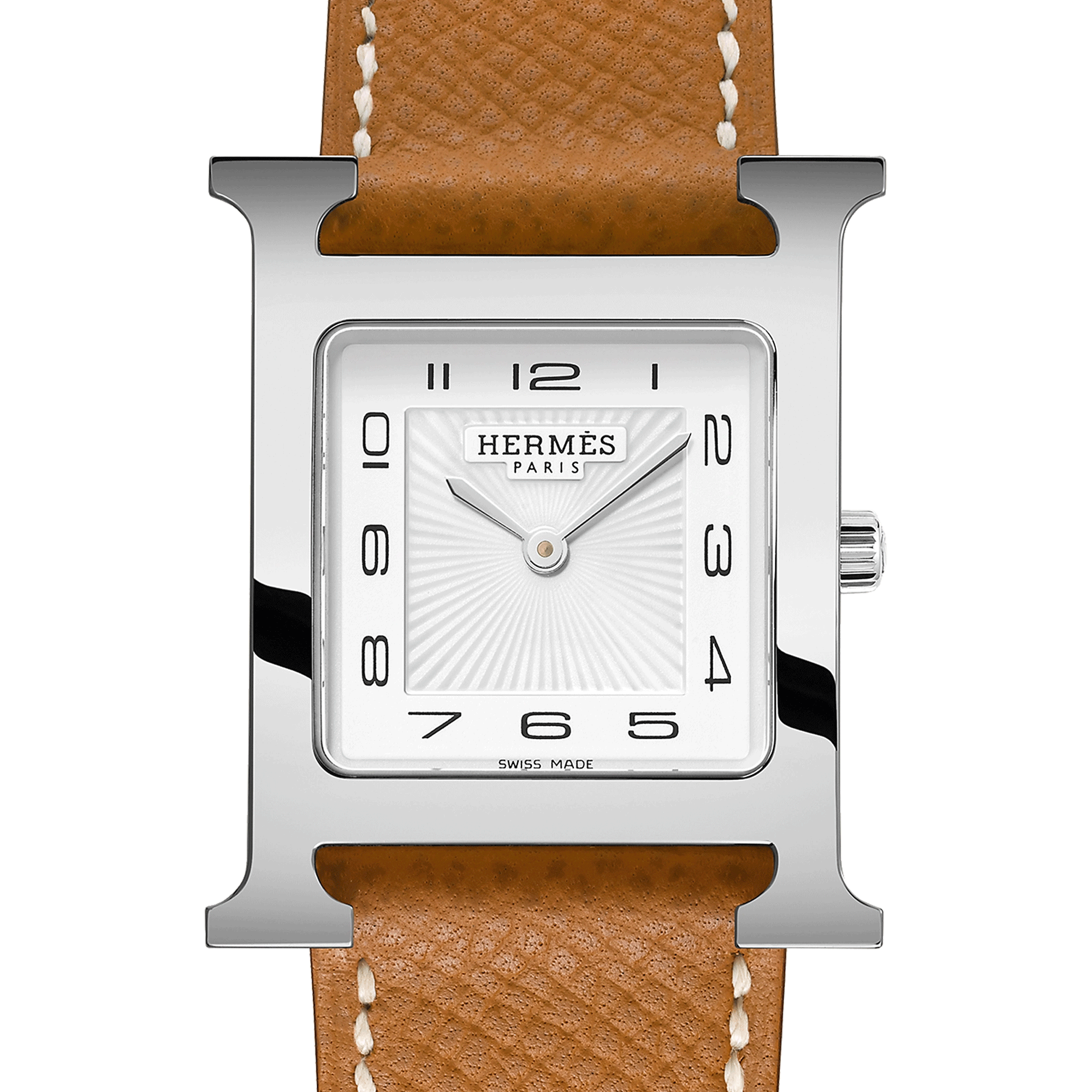 HERMÈS Heure H Medium Model quartz watch white dial brown leather strap 30 mm