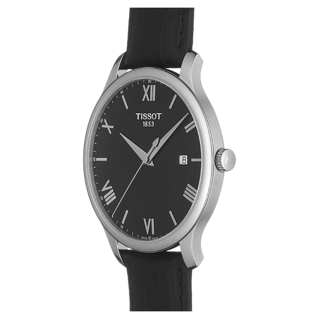 Montre Tissot T-Classic Tradition quartz cadran noir chiffres romains bracelet cuir noir 42 mm T063.610.16.058.00
