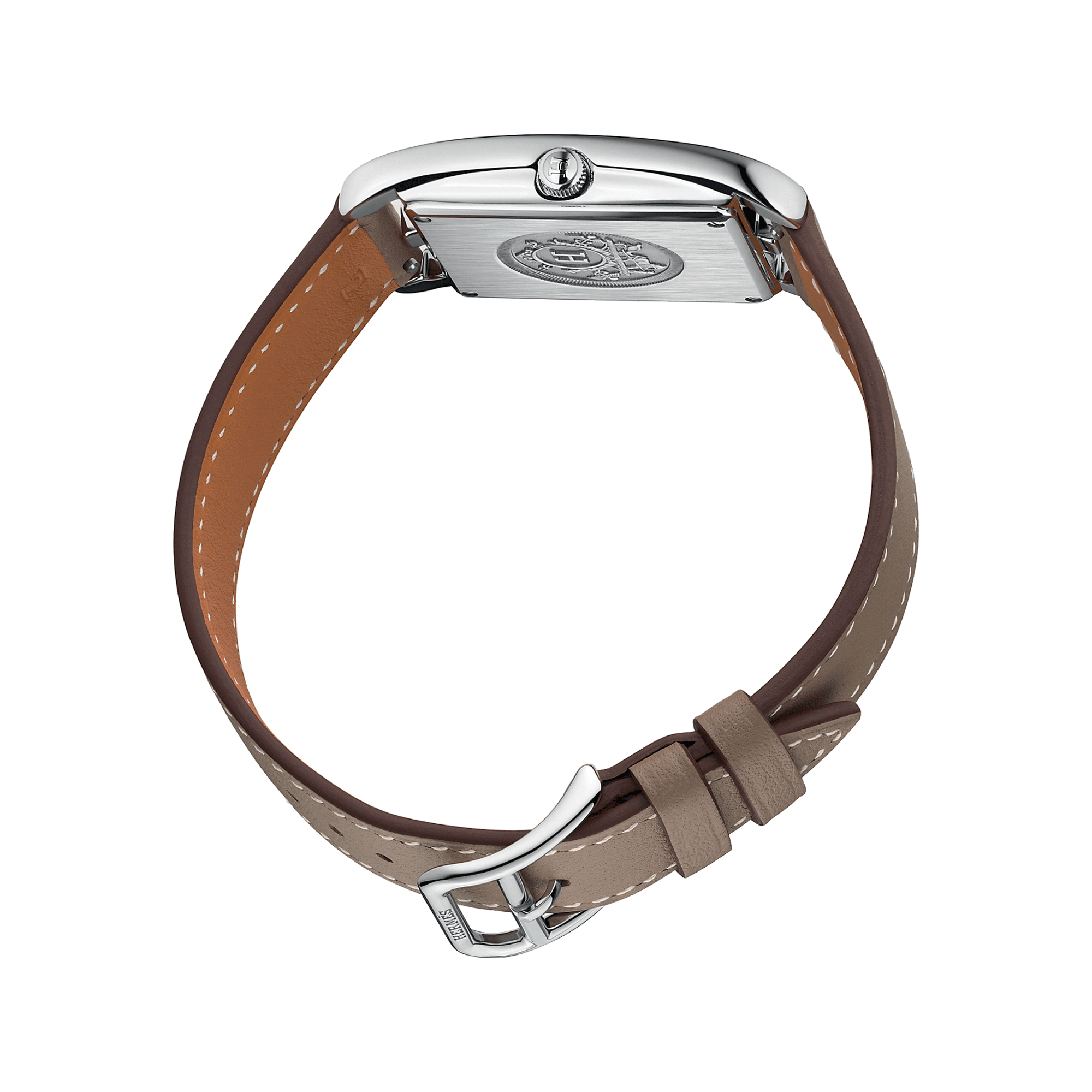 Montre HERMÈS Cape Cod Grand Modèle quartz cadran argenté bracelet cuir taupe 37 mm W043640WW00