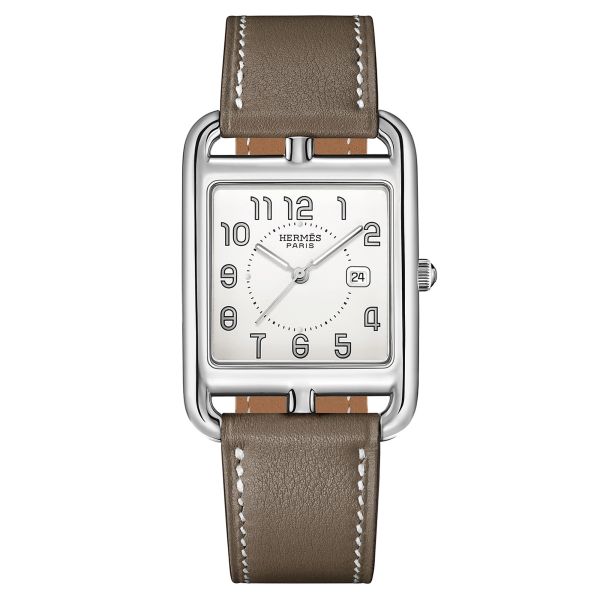 HERMÈS Cape Cod Grand Modèle quartz watch silver dial taupe leather strap 37 mm
