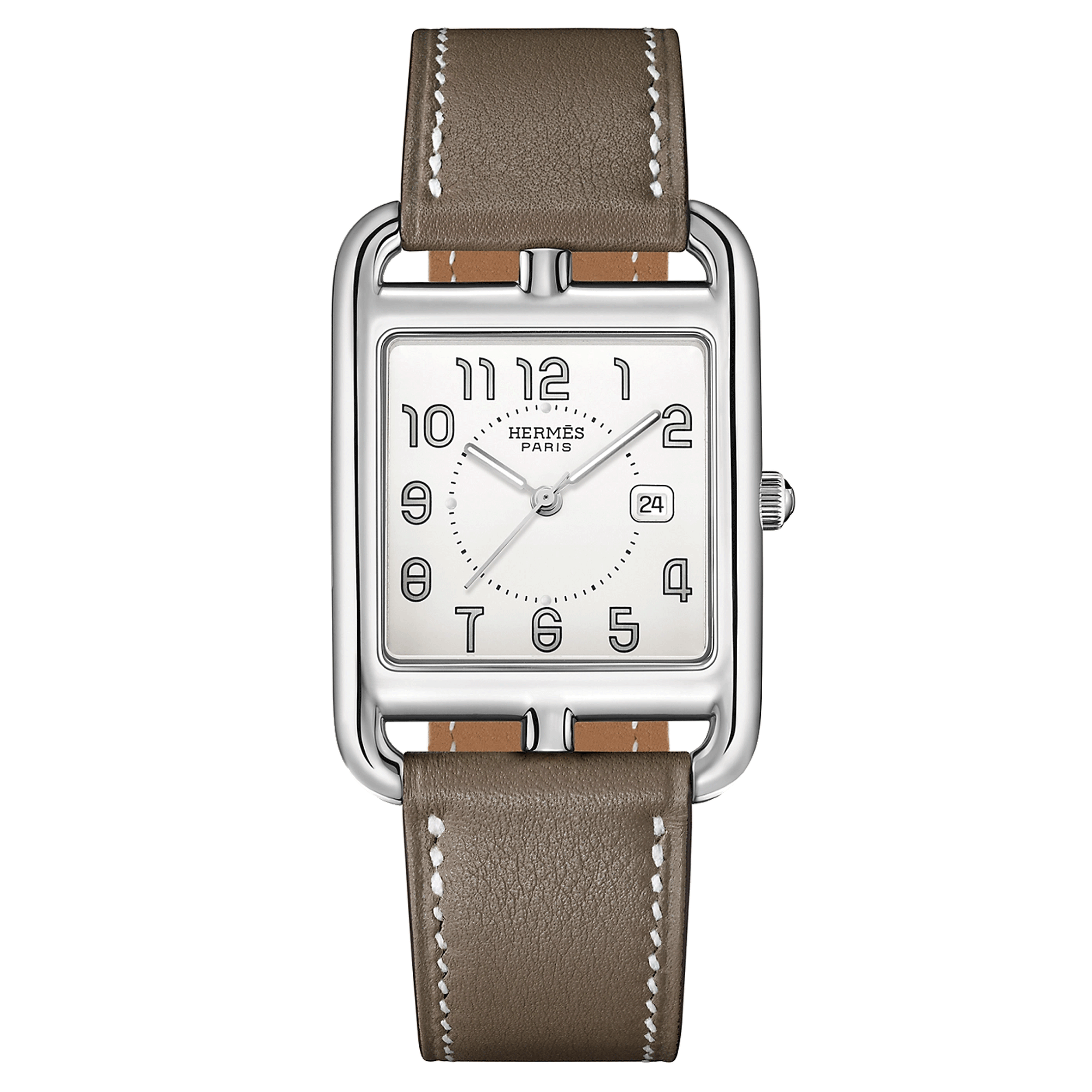 Montre HERMÈS Cape Cod Grand Modèle quartz cadran argenté bracelet cuir taupe 37 mm W043640WW00