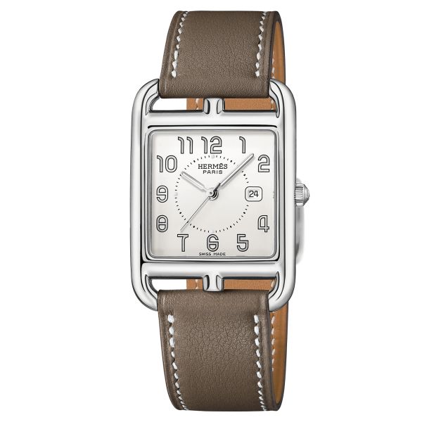 Montre HERMÈS Cape Cod Grand Modèle quartz cadran argenté bracelet cuir taupe 37 mm W043640WW00