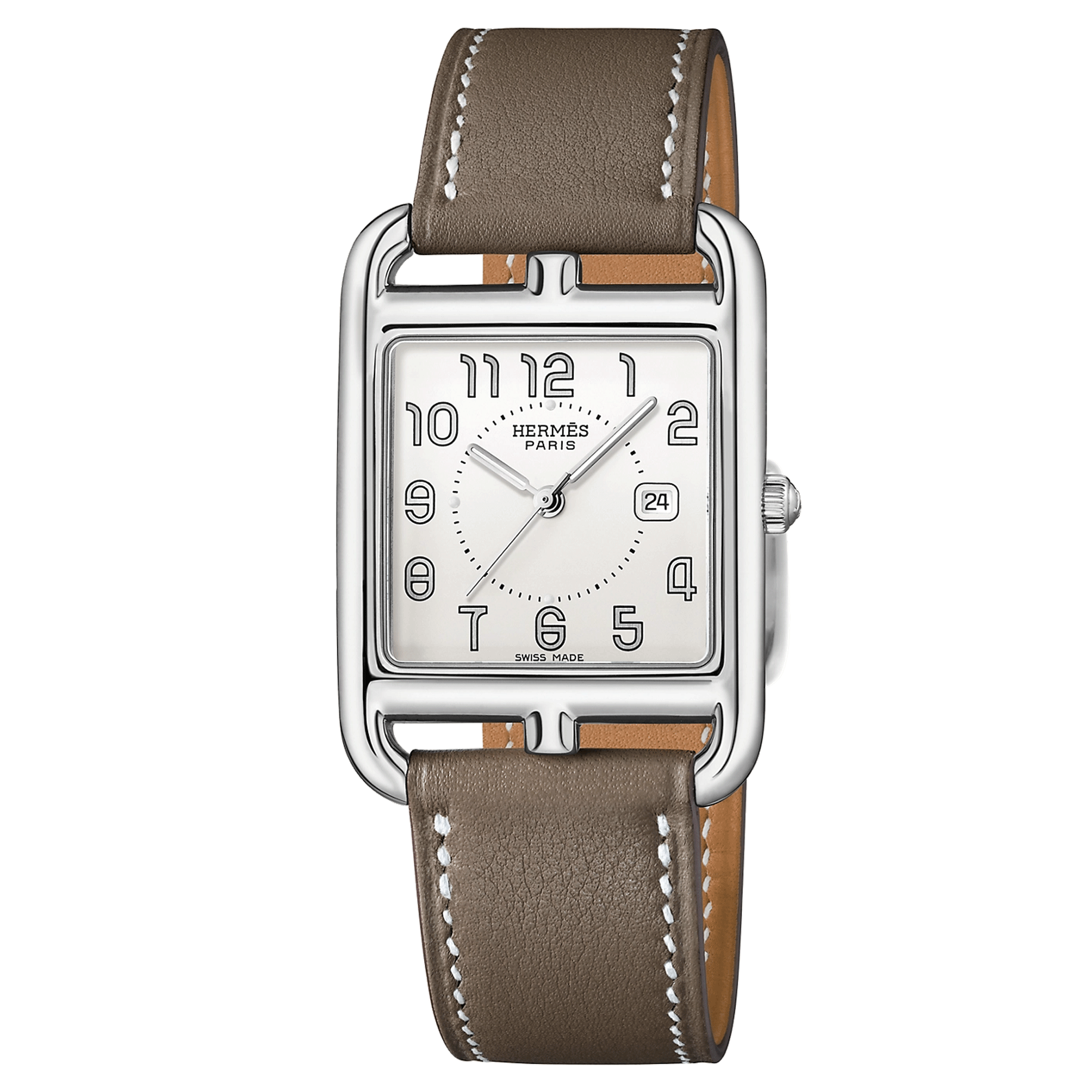 Montre HERMÈS Cape Cod Grand Modèle quartz cadran argenté bracelet cuir taupe 37 mm W043640WW00