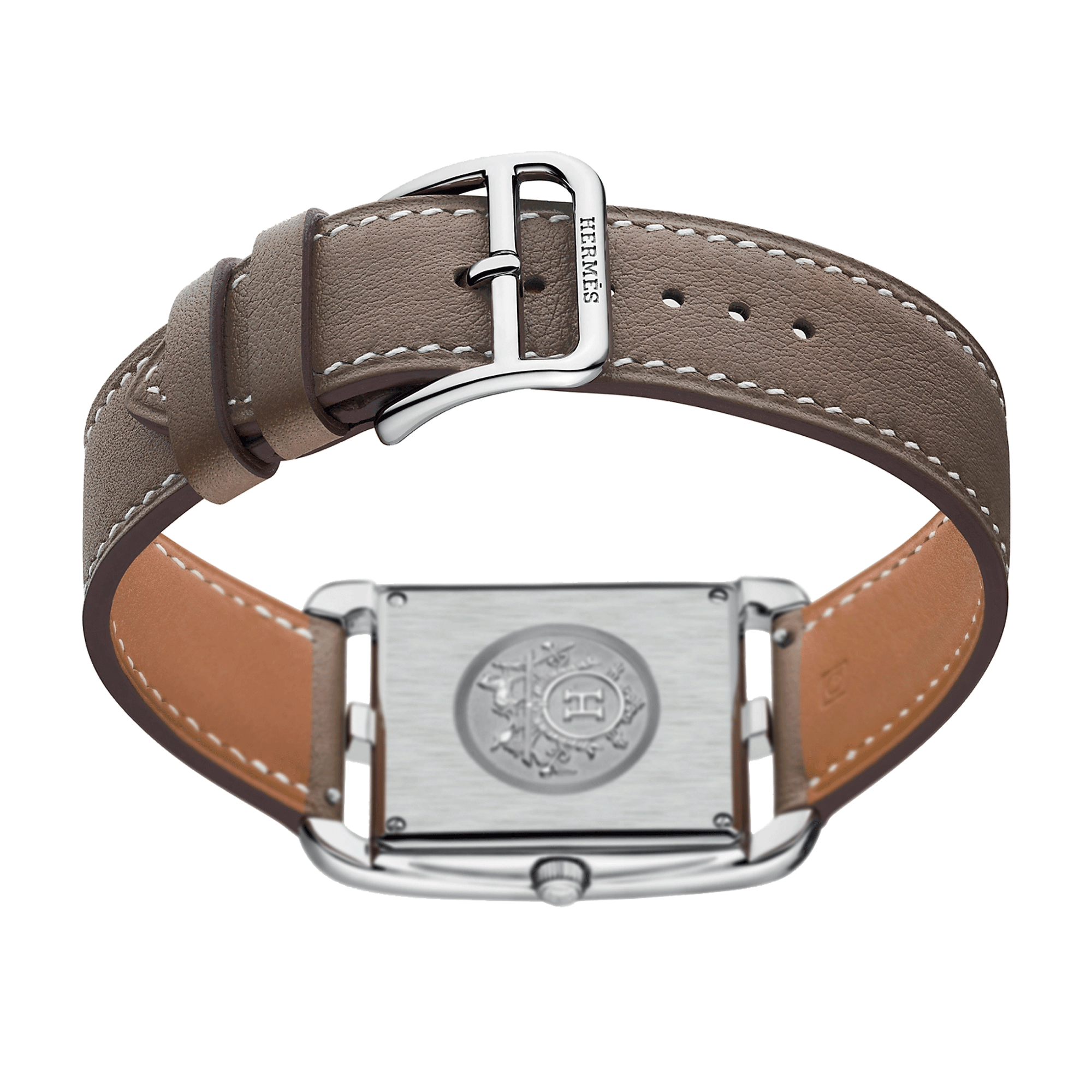 Montre HERMÈS Cape Cod Grand Modèle quartz cadran argenté bracelet cuir taupe 37 mm W043640WW00